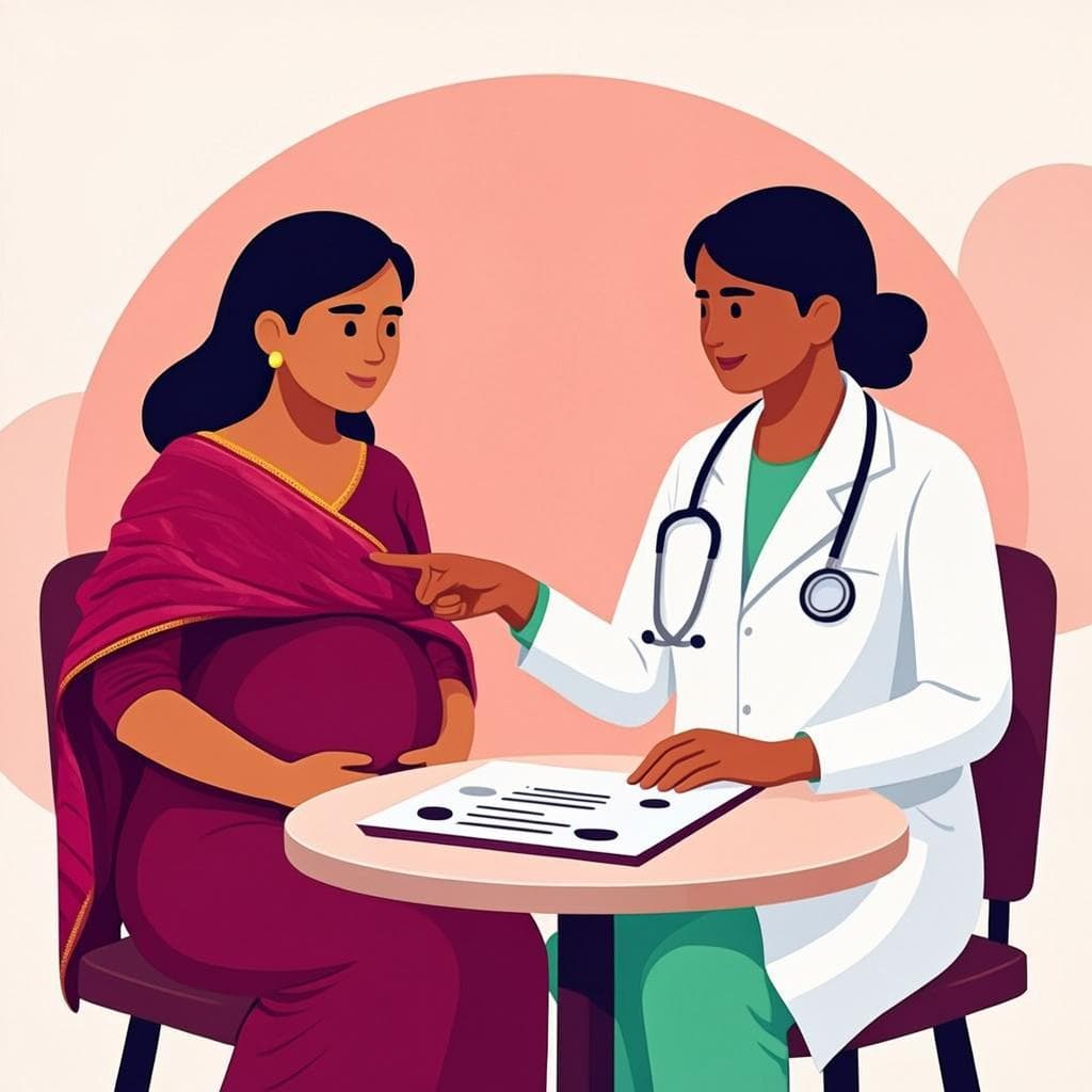 A pregnant Indian mother in a burgundy saree and her gynecologist in a cream coat sit together at a clinic table, the doctor pointing to a pregnancy timeline chart while speaking to her reassuringly.
