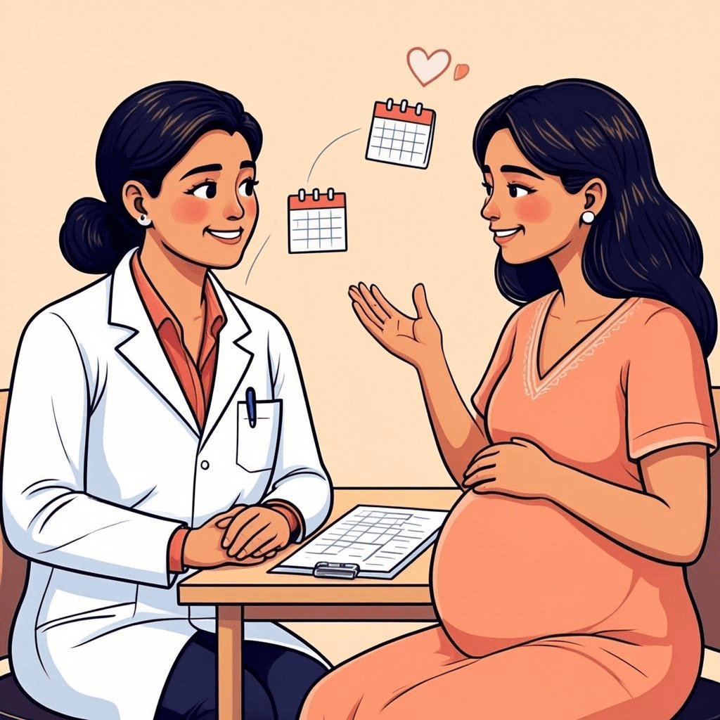A pregnant Indian woman sits across a clinic desk from her gynecologist, who leans forward listening attentively as they talk through her pregnancy care and follow-up plan — a warm, unhurried in-person consultation.