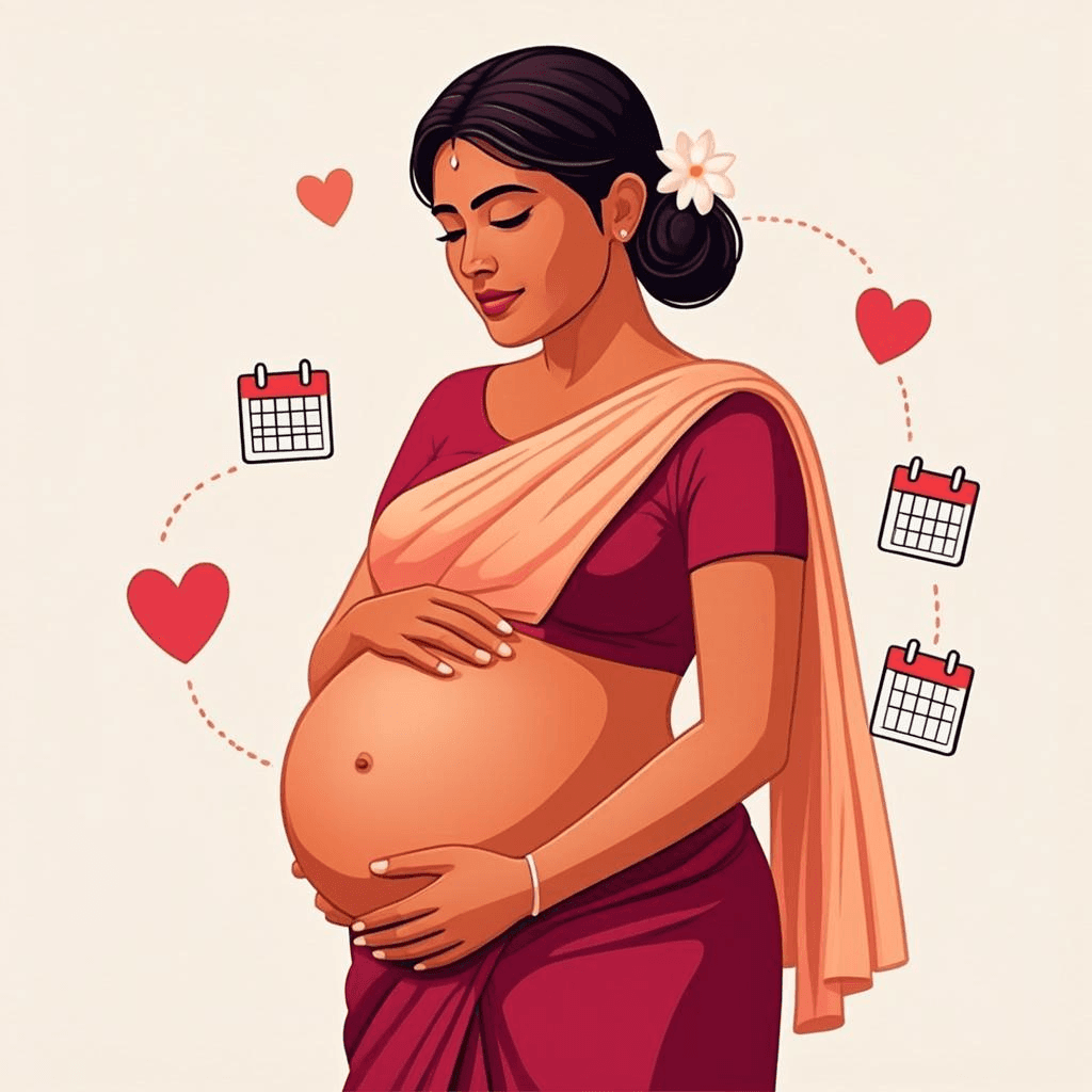 A serene expectant Indian mother in a deep burgundy maternity dress with a peach dupatta, hands gently cradling her baby bump, with soft calendar and heart motifs floating around her — the calm, guided pregnancy journey MaaSetu is being built around.
